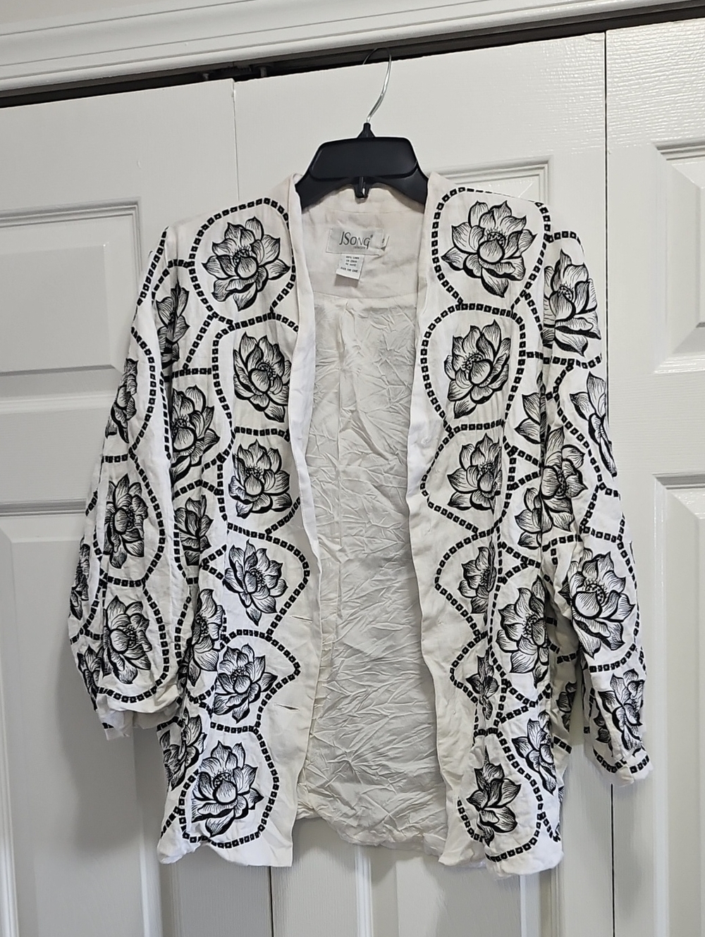 White & Black Floral Embroidered Open Jacket